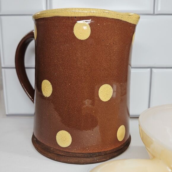 Antique Wisconsin ERIC ANDERSON RED Slip Ware Art Pottery Picher Jug Yellow Dot - Picture 11 of 12